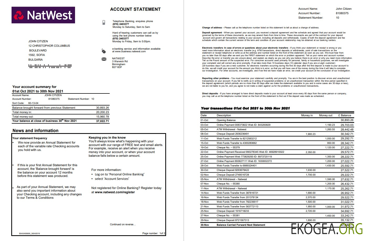 Modèle de relevé de compte bancaire NatWest Royaume Uni au format Excel et PDF, 2 pages